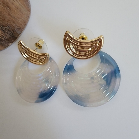 NEW Blue Gold Marble Iridescent Round Dangle Earrings - Picture 7 of 7